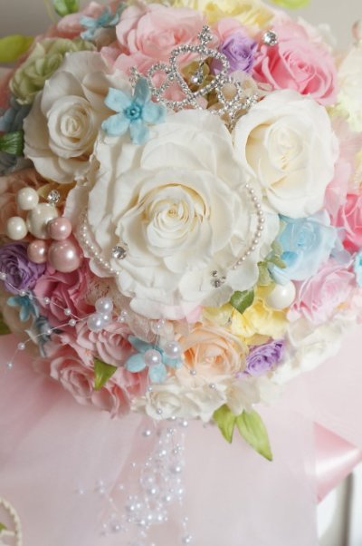 画像5: ミッキーブーケラウンド　スワロ＆パールフリンジ　大き目リボンで　リストレット付き　スワロ　花のみ２２ｃｍIII