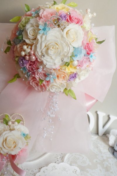 画像4: ミッキーブーケラウンド　スワロ＆パールフリンジ　大き目リボンで　リストレット付き　スワロ　花のみ２２ｃｍIII