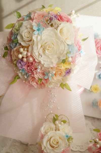 画像3: ミッキーブーケラウンド　スワロ＆パールフリンジ　大き目リボンで　リストレット付き　スワロ　花のみ２２ｃｍIII