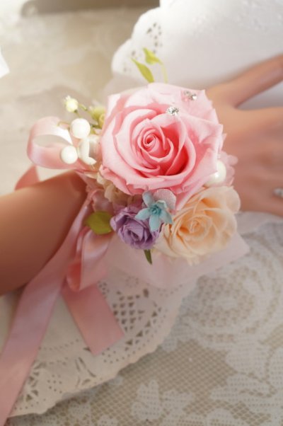 画像6: ミッキーブーケラウンド　スワロ＆パールフリンジ　大き目リボンで　リストレット付き　スワロ　花のみ２２ｃｍIII