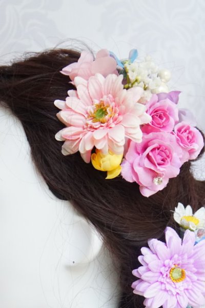 画像2: ヘッドドレス  ミッキーシェイプ薔薇付き　ガーベラ　ミニ薔薇　アジサイ　小花　セットアーティフィシャルフラワー
