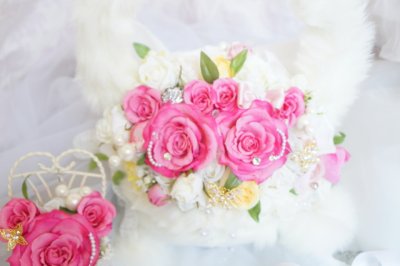 画像3: newファーかごバックブーケ　ミキミニ薔薇、後ろは大き目リボン　アーティフィシャルフラワー2　デザイン違い　色違い可　キャンペーン価格&リストレットプレゼント