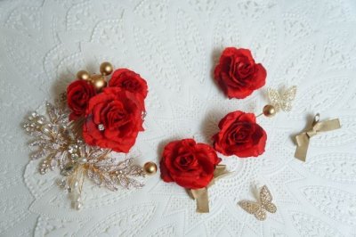 画像1: ヘッドドレス　セット　ベル赤の薔薇　プラスアクセ　パール付き
