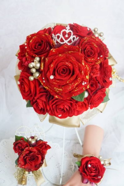 画像3: newラウンドブーケ　リボン　ベル　アーティフィシャルフラワー　全体で約２4-25cm　キャンペーン価格 (3)