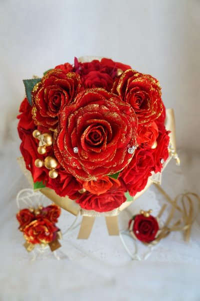 画像2: newラウンドブーケ　リボン　ベル　アーティフィシャルフラワー　全体で約２4-25cm　キャンペーン価格 (2)